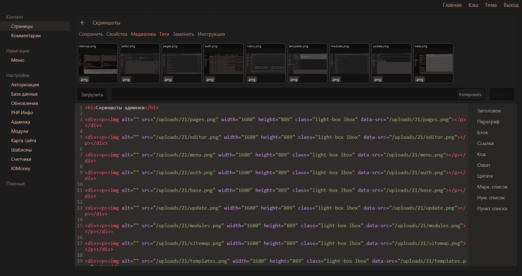 Скриншот модуля редактора кода Coffee CMS